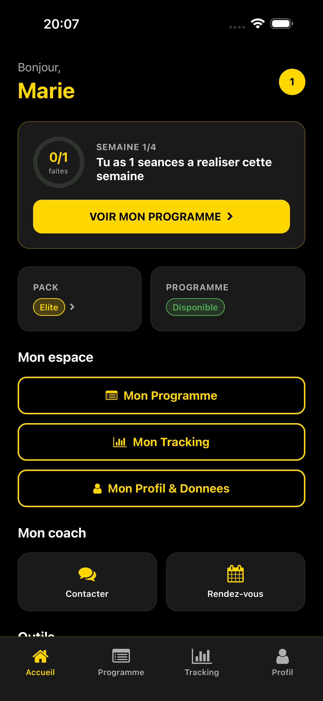 Tableau de bord — programme, tracking et outils