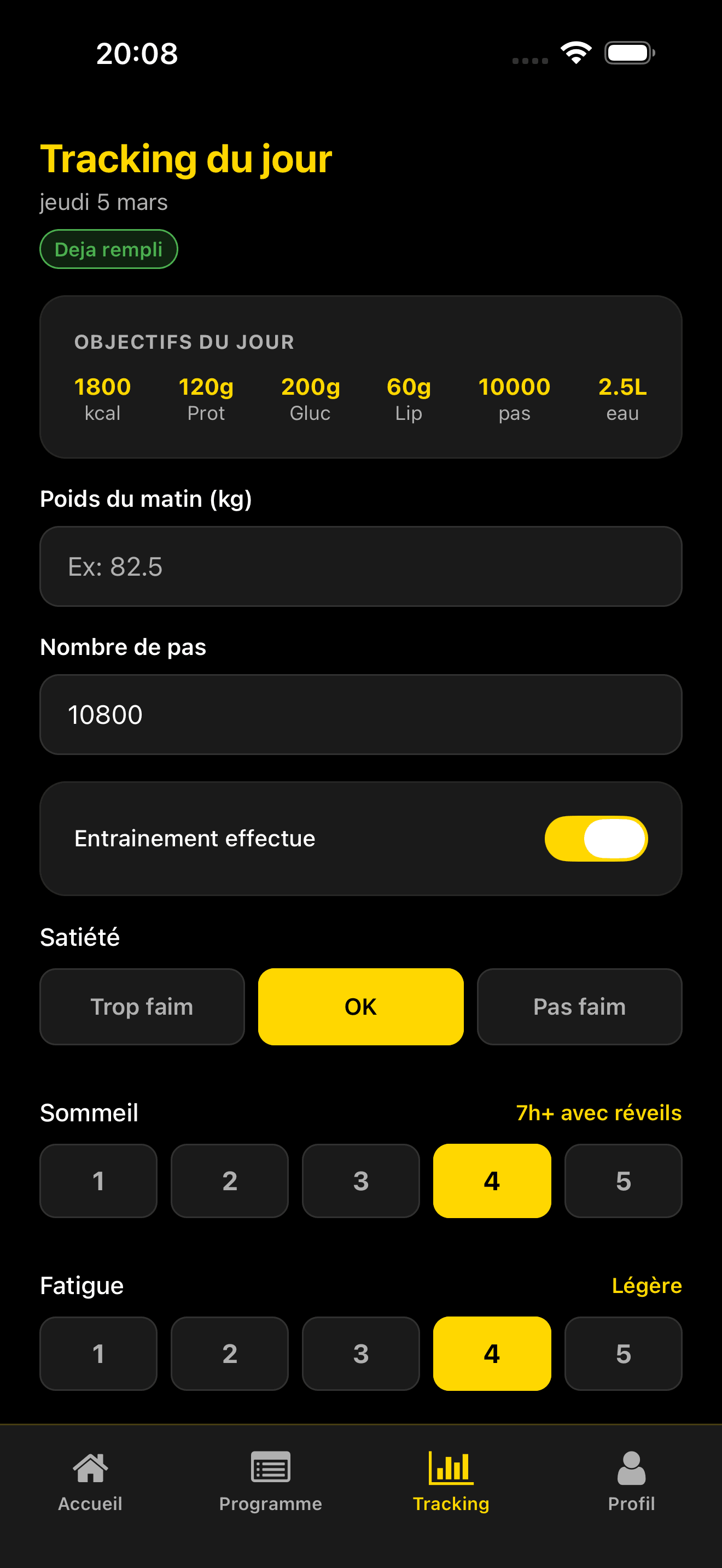 Suivi quotidien — nutrition, sommeil, fatigue